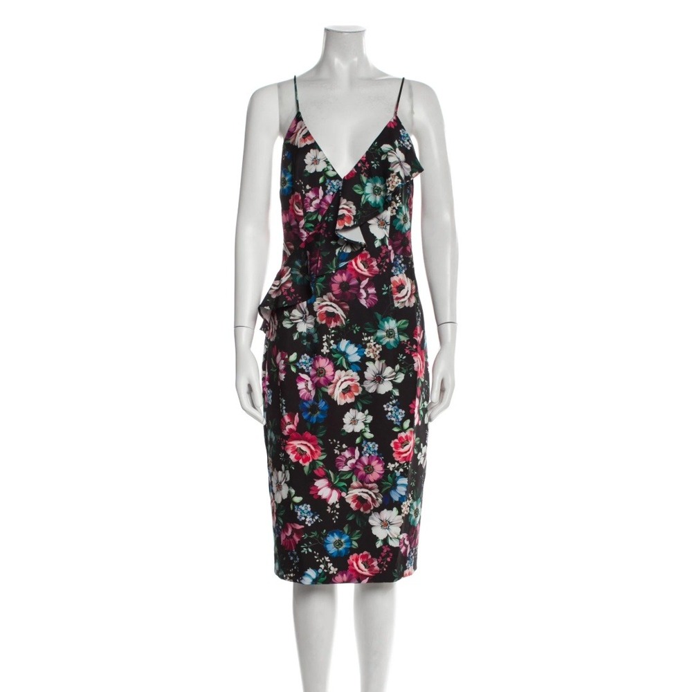 Black Halo Leni Floral Ruffle Sheath Dress Midi Coquette Garden Party Wedding